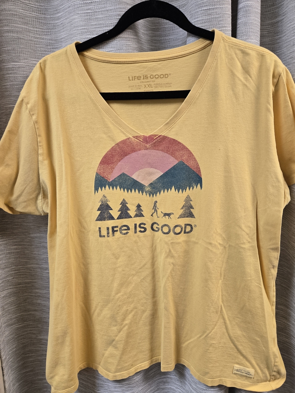 Life Is Good Women's Yellow V-Neck Tee with Vintage Mountain Graphic